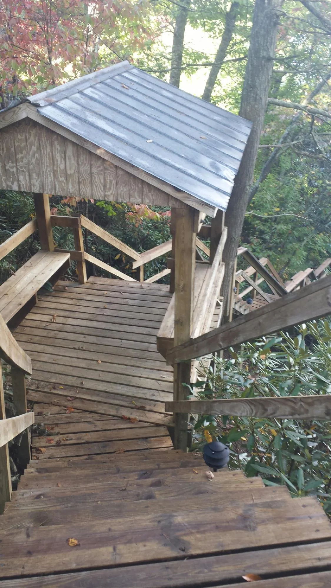 Metal roofed shelter over wooden steps on a wooded walkway — Skylight Repair & Installation work by our crew in Cocoa